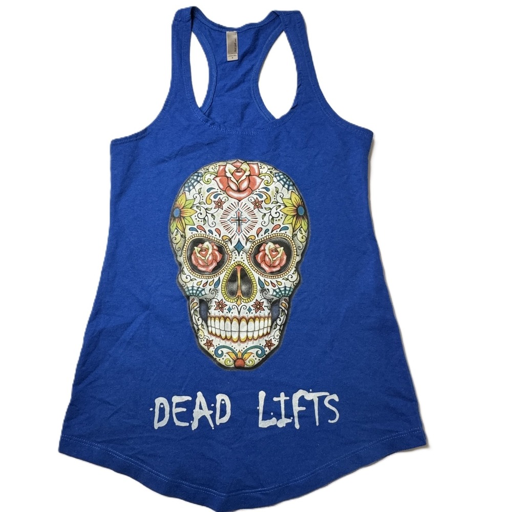 Sugar Skull Deadlifts Blue Tank Women Small Roses Racerback Crossfit Gym Workout